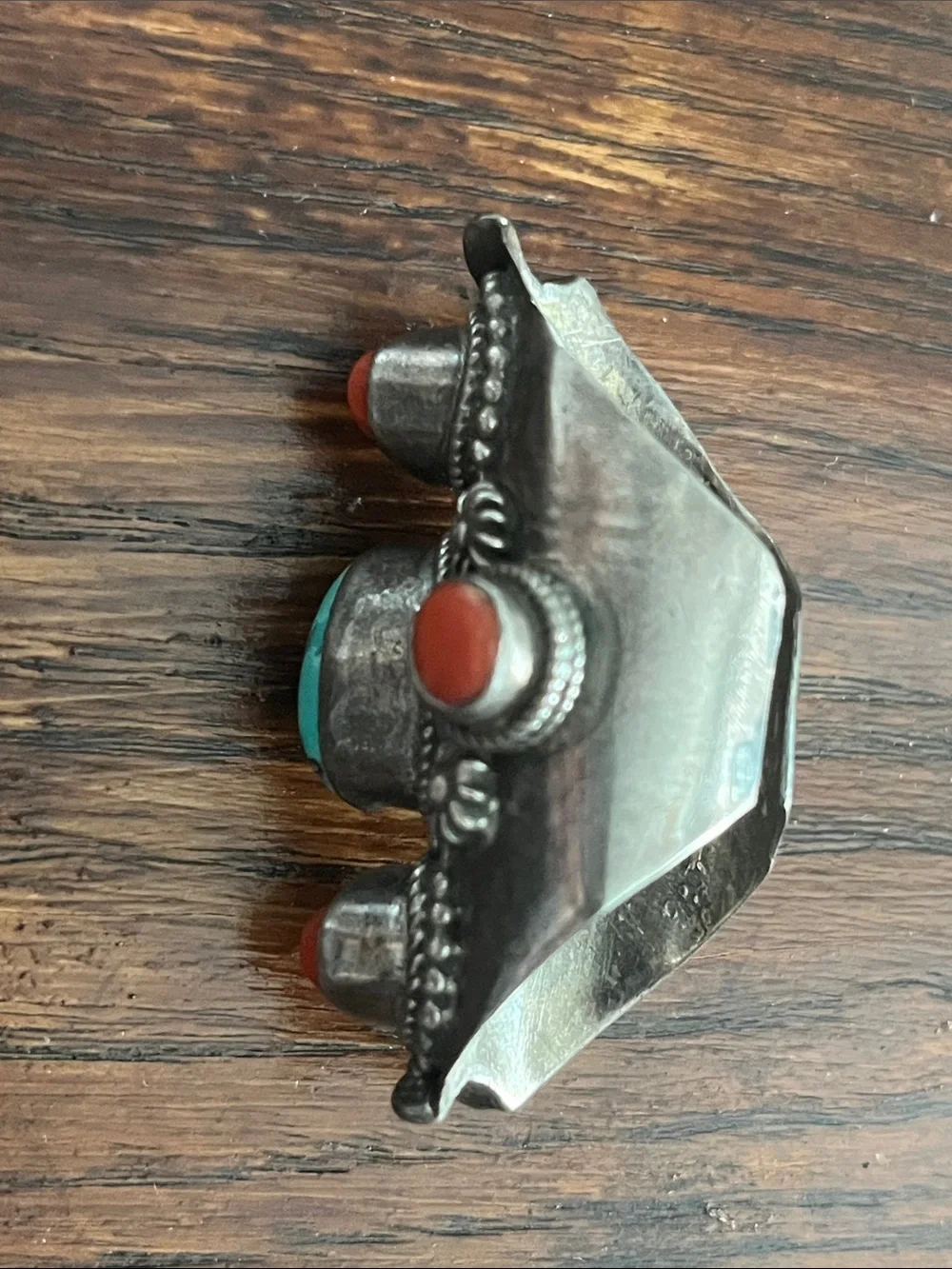 Tibetan 925 Silver Saddle Ring - Turquoise and Coral